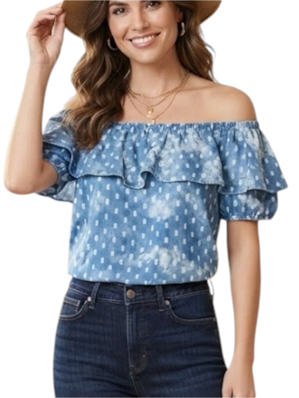 MAX JEANS Nordstrom Off Shoulder Distressed Denim Top Blouse Medium Indie Sleaze